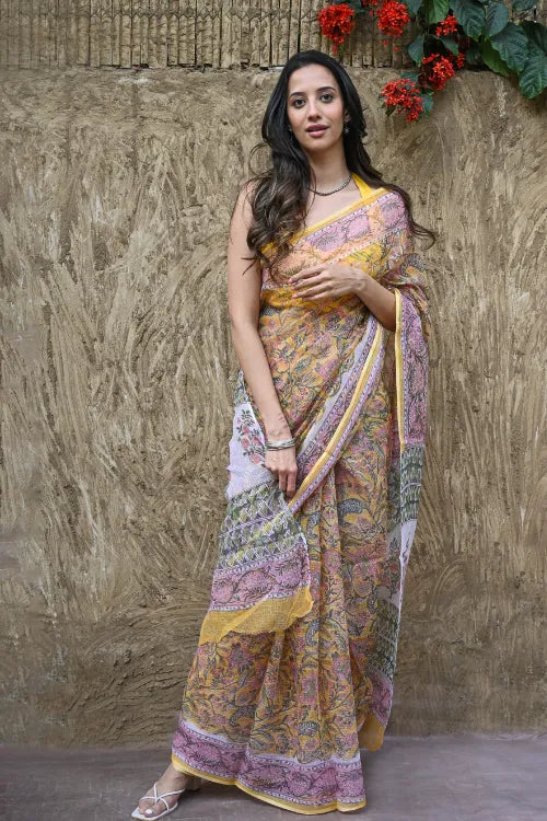 The ICH Sanganer Summers : Hand Block Printed Kota Doria Saree - Basant Angan