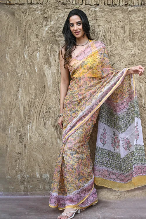 The ICH Sanganer Summers : Hand Block Printed Kota Doria Saree - Basant Angan