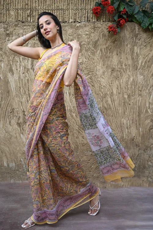 The ICH Sanganer Summers : Hand Block Printed Kota Doria Saree - Basant Angan