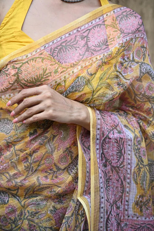 The ICH Sanganer Summers : Hand Block Printed Kota Doria Saree - Basant Angan