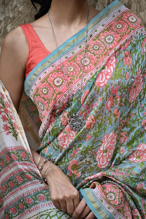 The ICH Sanganer Summers : Hand Block Printed Chanderi Saree - Cottage Garden