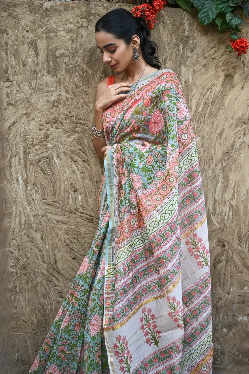 The ICH Sanganer Summers : Hand Block Printed Chanderi Saree - Cottage Garden