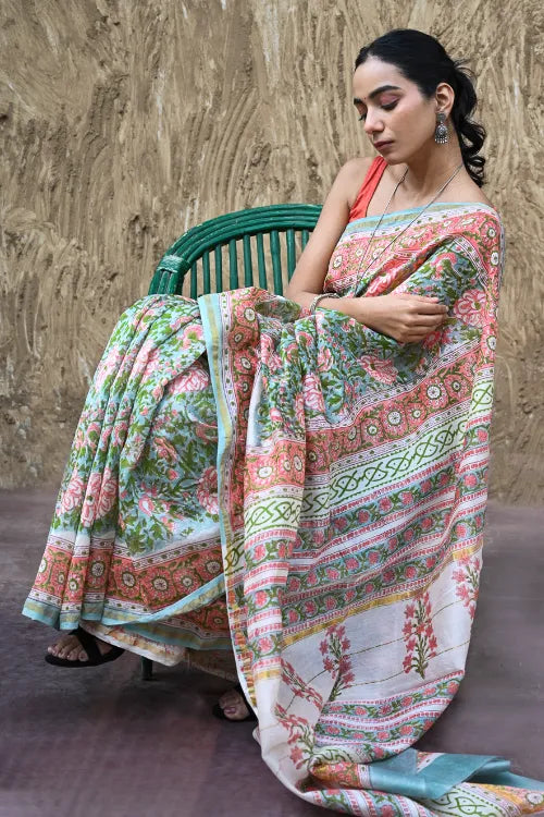The ICH Sanganer Summers : Hand Block Printed Chanderi Saree - Cottage Garden