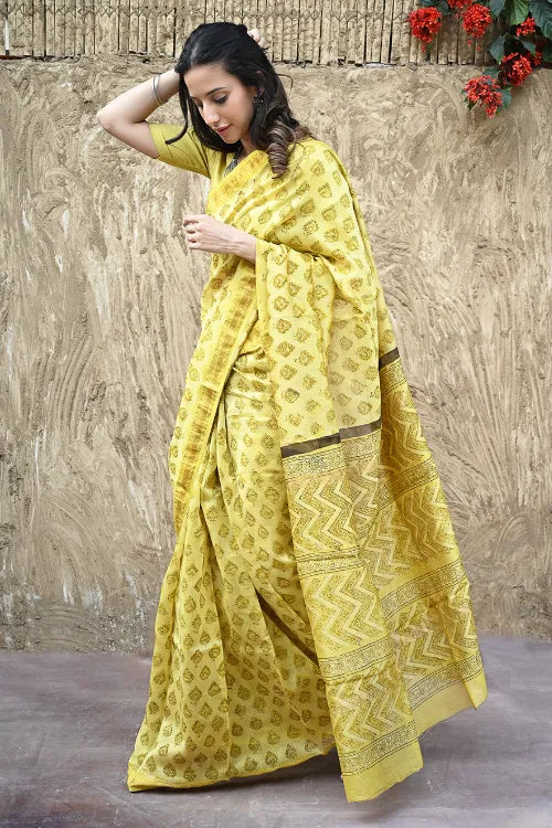 The ICH Sanganer Summers : Hand Block Printed Maheshwari Saree - Canary Lawn