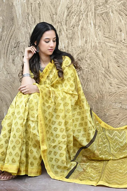The ICH Sanganer Summers : Hand Block Printed Maheshwari Saree - Canary Lawn