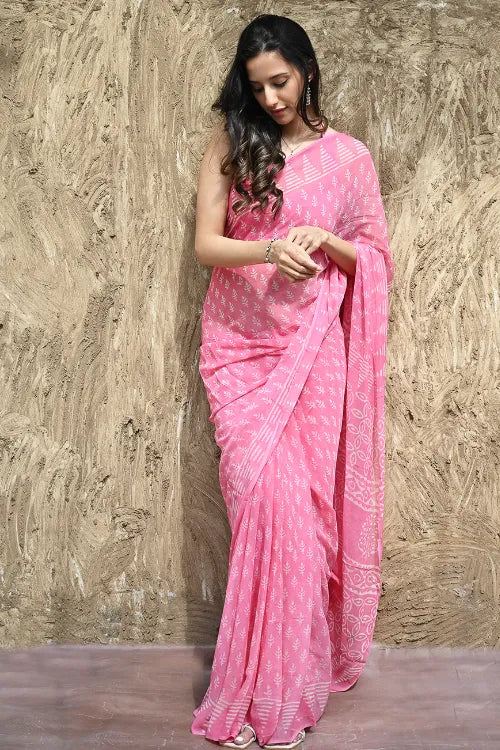 The ICH Dabu Vibes : Hand Block Printed Chiffon Saree - Gulabari