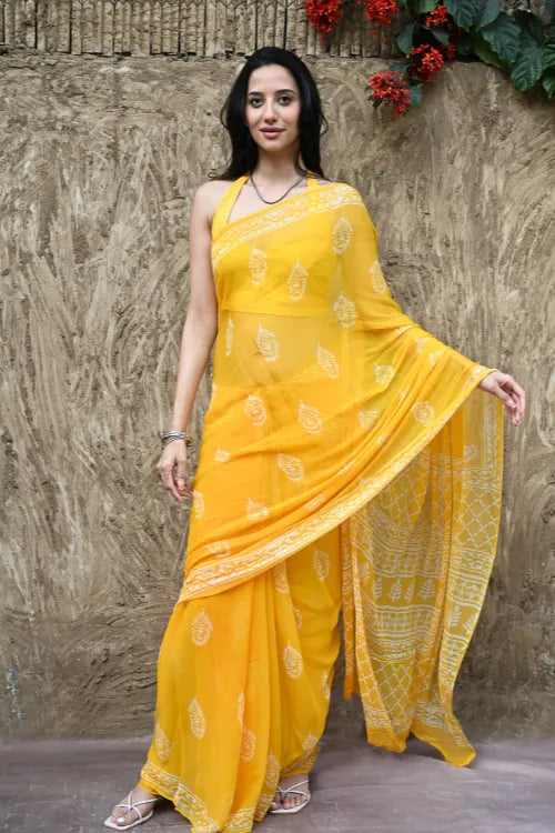 The ICH Dabu Vibes : Hand Block Printed Chiffon Saree - Basanti