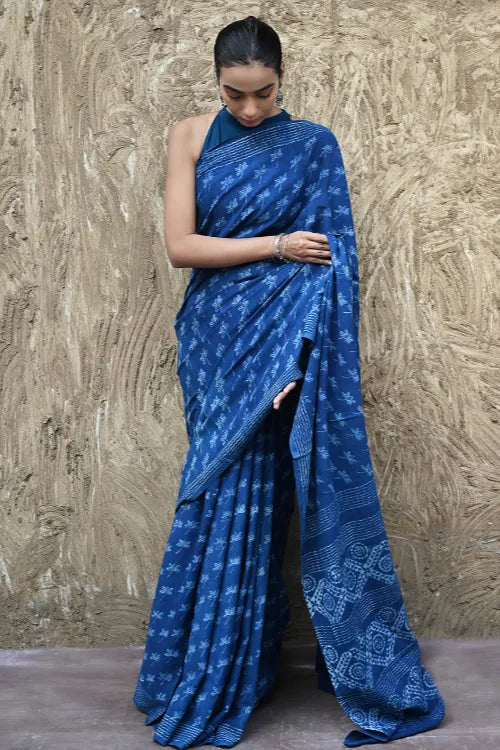 The ICH Dabu Vibes : Hand Block Printed Mul Cotton Saree - Neel Kamal