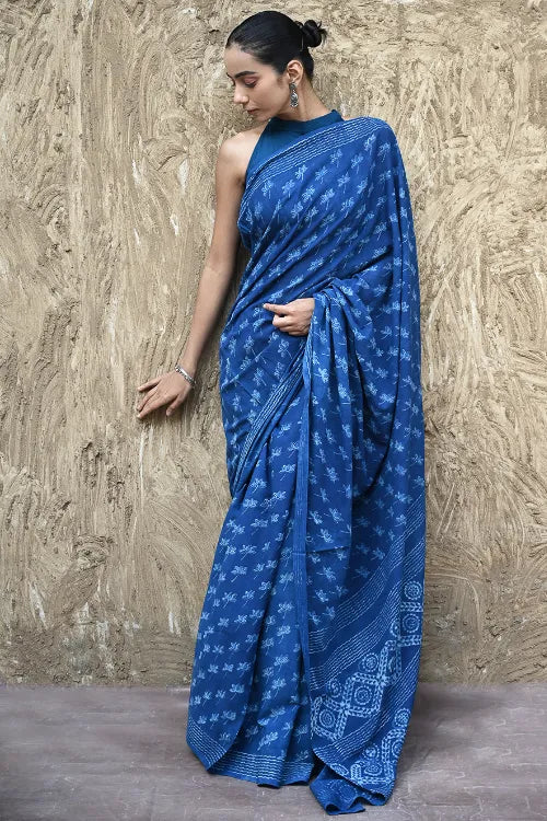The ICH Dabu Vibes : Hand Block Printed Mul Cotton Saree - Neel Kamal
