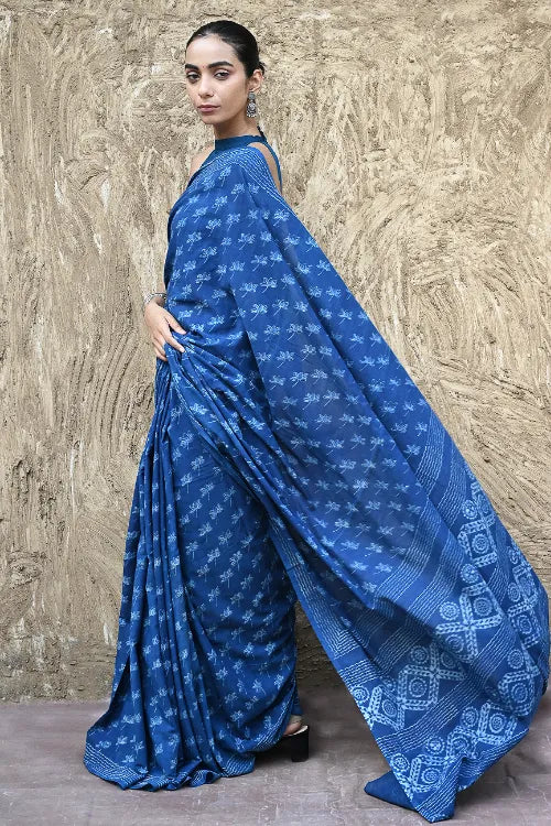 The ICH Dabu Vibes : Hand Block Printed Mul Cotton Saree - Neel Kamal