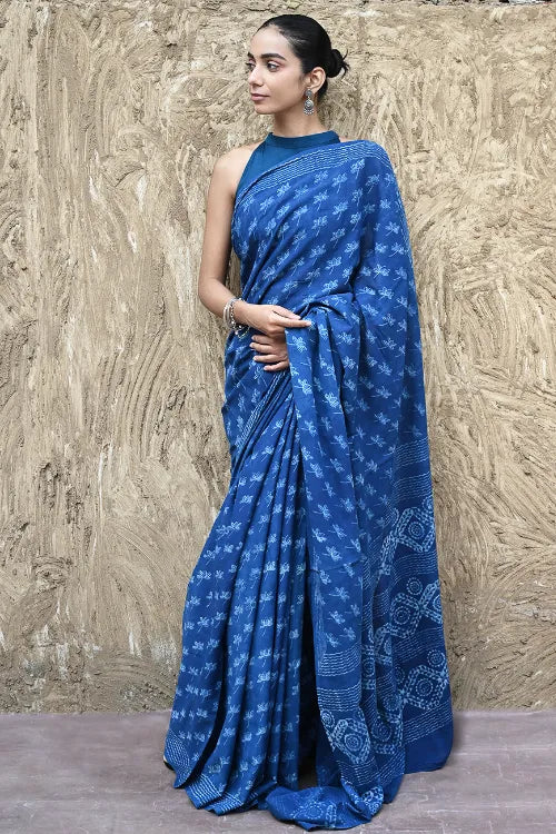 The ICH Dabu Vibes : Hand Block Printed Mul Cotton Saree - Neel Kamal