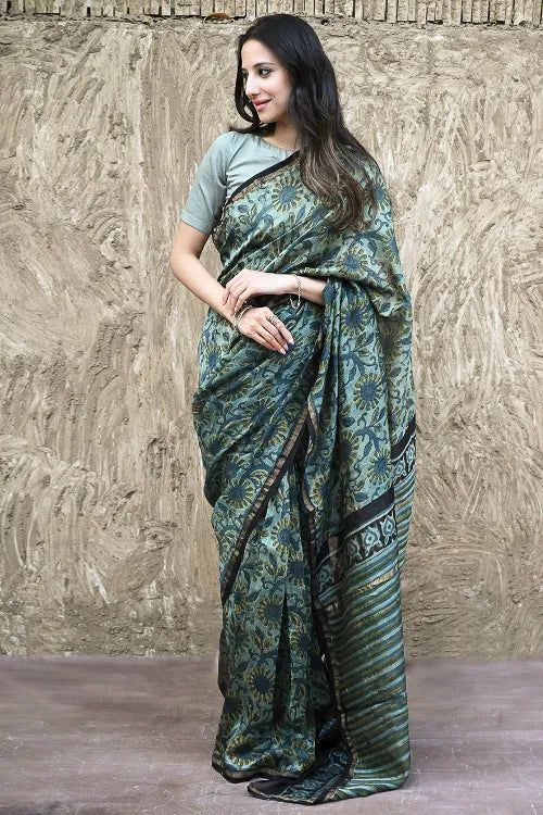 Unique Bagru Hand Block Printed Chanderi Saree - Regal Teal