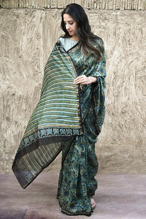 Unique Bagru Hand Block Printed Chanderi Saree - Regal Teal