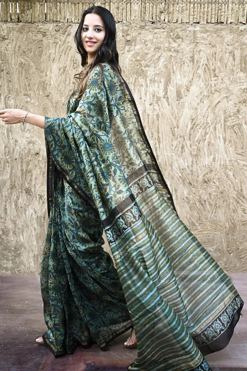 Unique Bagru Hand Block Printed Chanderi Saree - Regal Teal