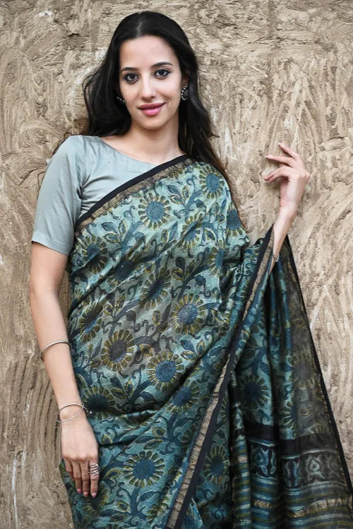 Unique Bagru Hand Block Printed Chanderi Saree - Regal Teal