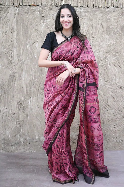 Dabu Vibes : Hand Block Printed Chanderi Saree - Mulberry Night