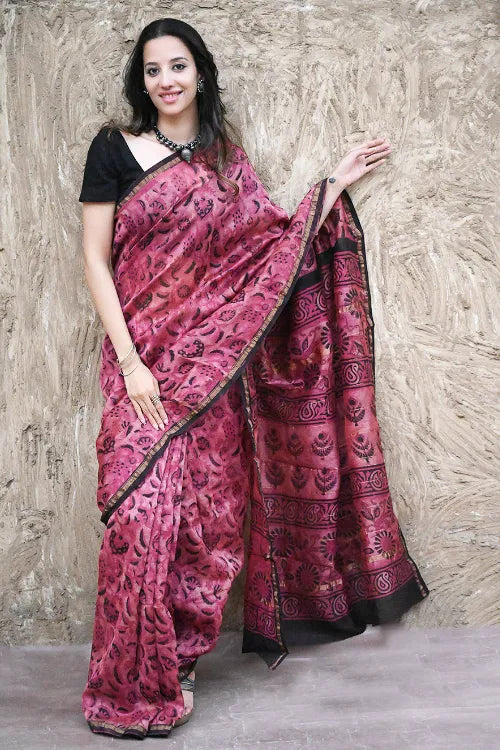 Dabu Vibes : Hand Block Printed Chanderi Saree - Mulberry Night