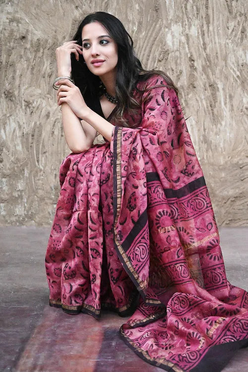 Dabu Vibes : Hand Block Printed Chanderi Saree - Mulberry Night