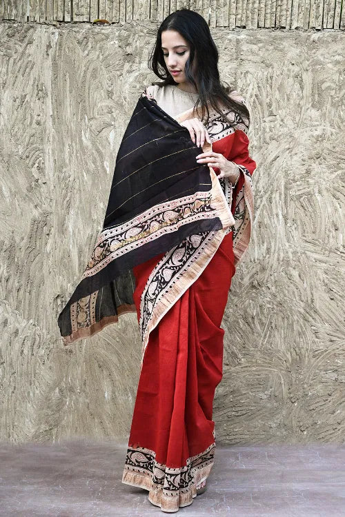 Bagru Statements: Hand Block Printed Maheshwari Saree - Red Statement