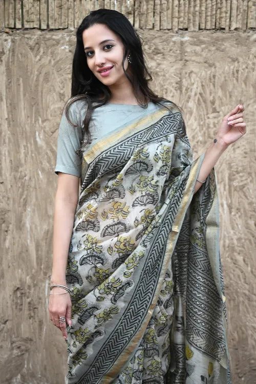Unique Bagru Hand Block Printed Maheshwari Saree - Olives And Tulips