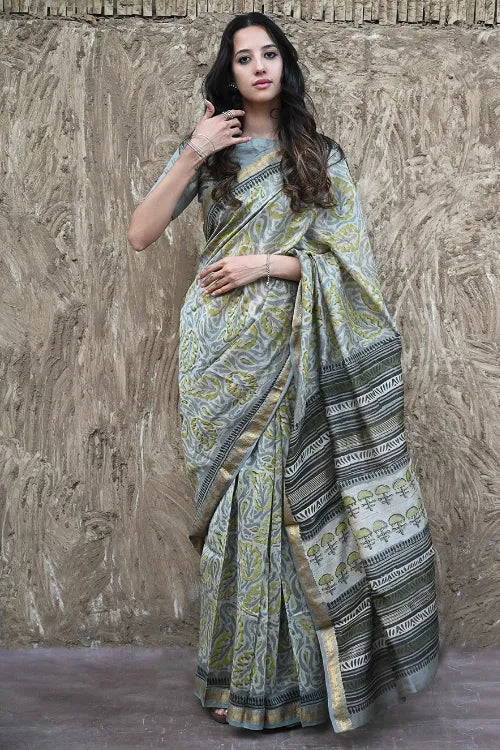 Unique Bagru Hand Block Printed Maheshwari Saree - Amra Bagh
