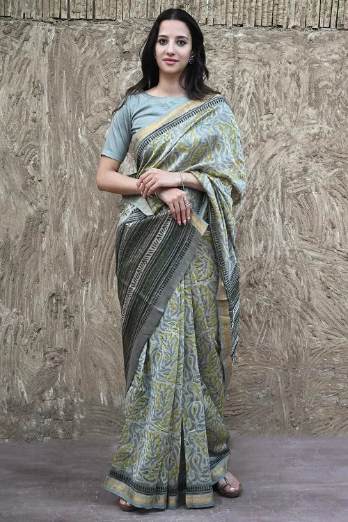 Unique Bagru Hand Block Printed Maheshwari Saree - Amra Bagh