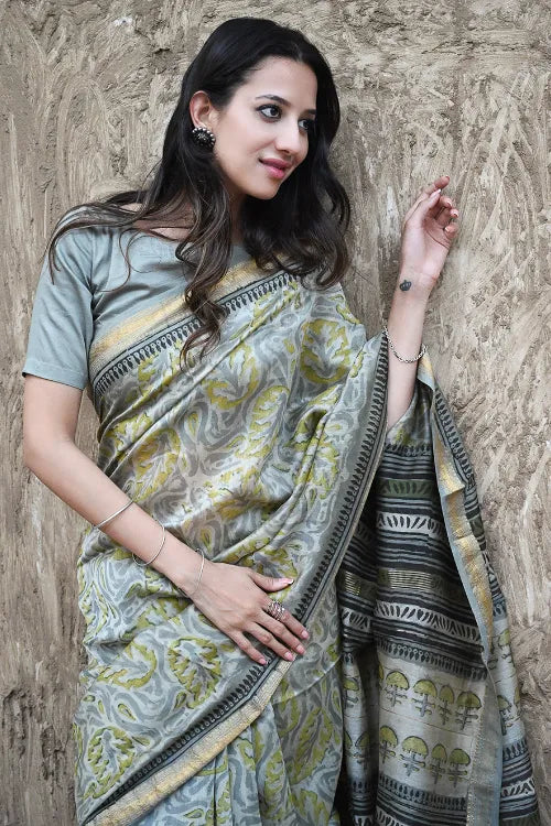 Unique Bagru Hand Block Printed Maheshwari Saree - Amra Bagh