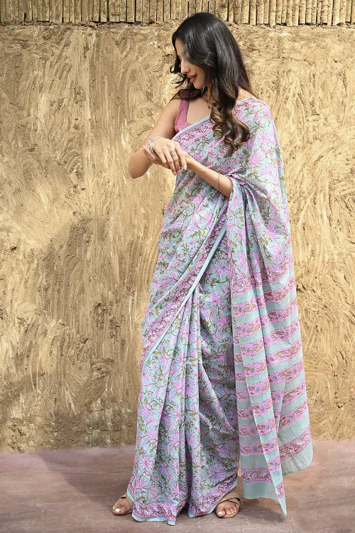 Sanganer Summers : Hand Block Printed Mul Cotton Saree - Minty Blossom Tea