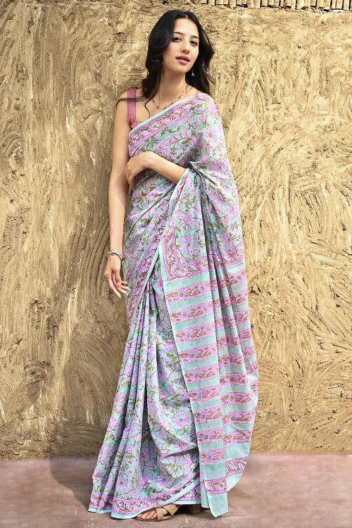 Sanganer Summers : Hand Block Printed Mul Cotton Saree - Minty Blossom Tea