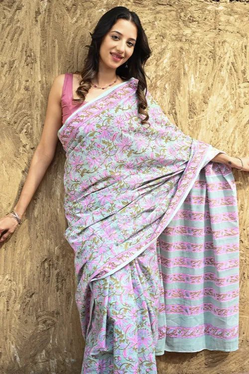 Sanganer Summers : Hand Block Printed Mul Cotton Saree - Minty Blossom Tea