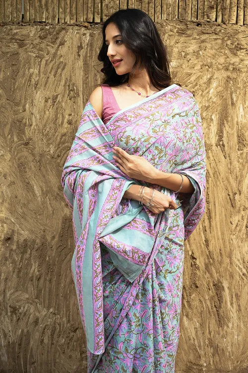 Sanganer Summers : Hand Block Printed Mul Cotton Saree - Minty Blossom Tea