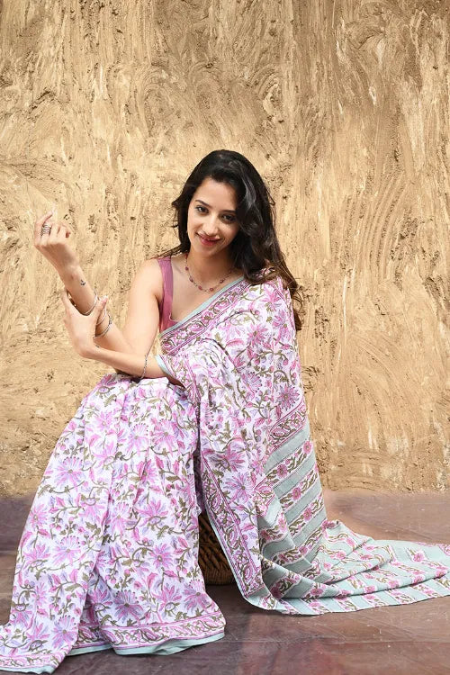 Sanganer Summers : Hand Block Printed Mul Cotton Saree - Mauve Garden