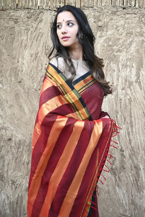 Deccan Elegance. Cotton Blend Ilkal Saree - Sindoori