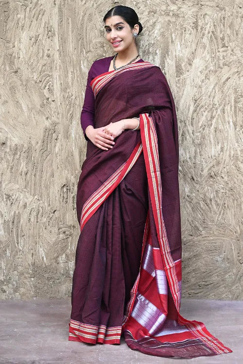 Deccan Elegance. Cotton Blend Self Striped Ilkal Lugdi Saree - Jaswanti
