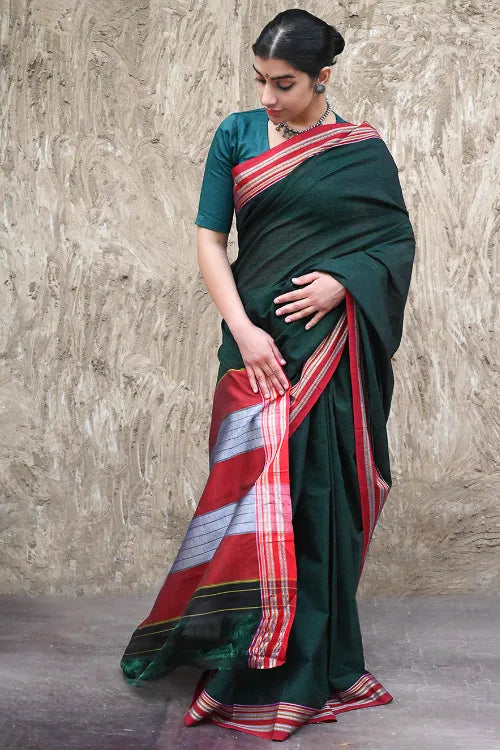 Deccan Elegance. Cotton Blend Self Striped Ilkal Lugdi Saree - Harit Badami
