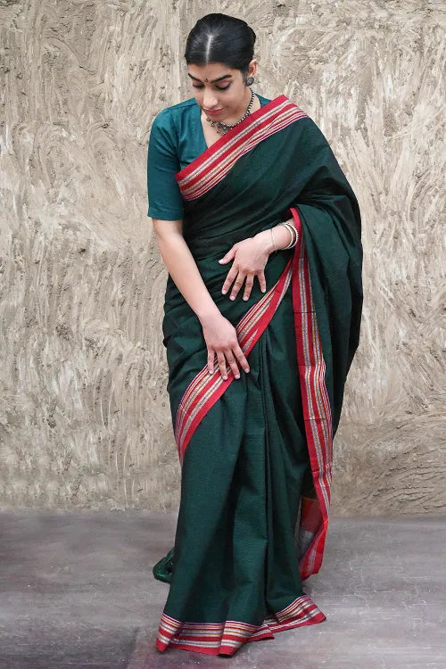 Deccan Elegance. Cotton Blend Self Striped Ilkal Lugdi Saree - Harit Badami