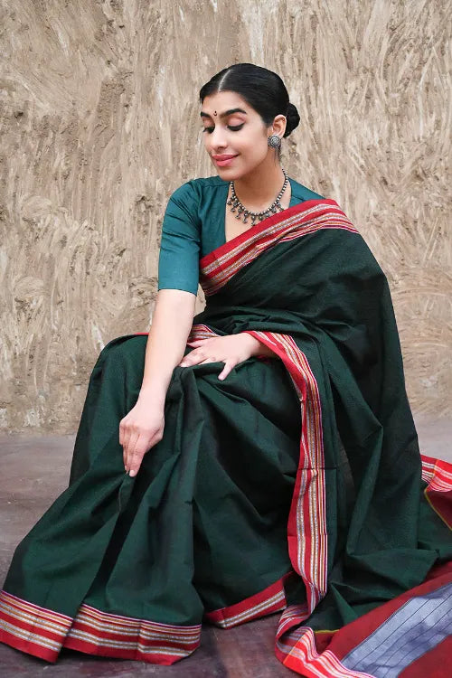 Deccan Elegance. Cotton Blend Self Striped Ilkal Lugdi Saree - Harit Badami