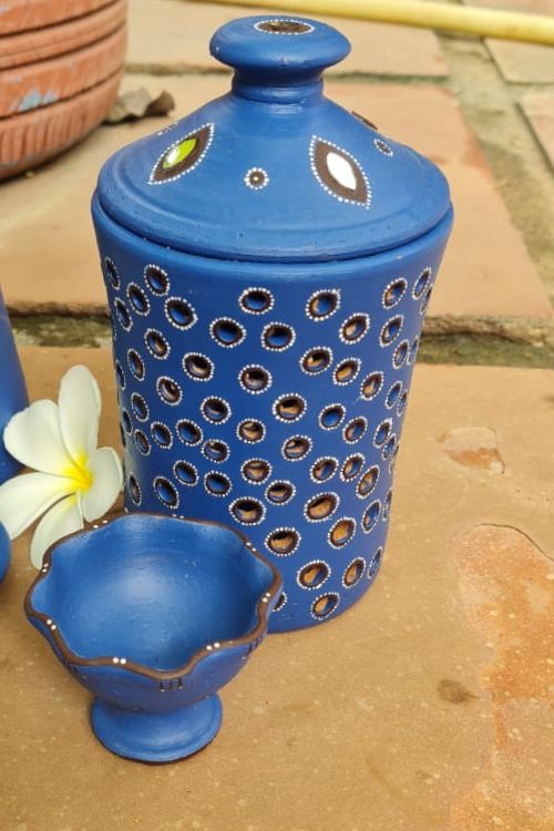 Antarang - Terracotta- Handpainted- Terracotta-Blue-Jar Diya