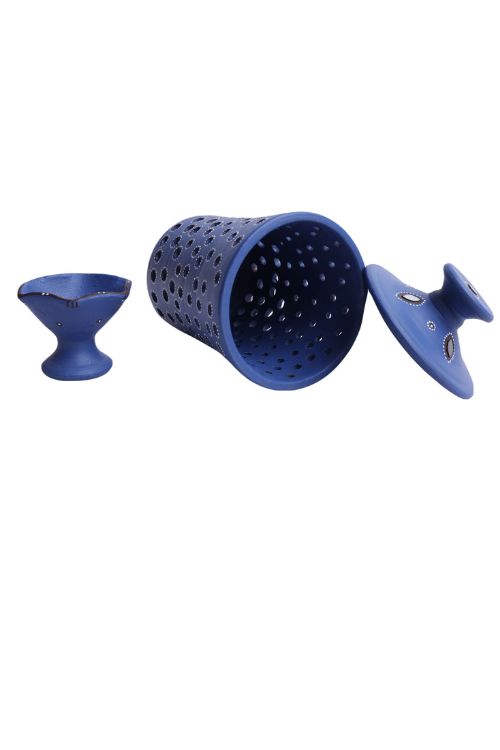 Antarang - Terracotta- Handpainted- Terracotta-Blue-Jar Diya