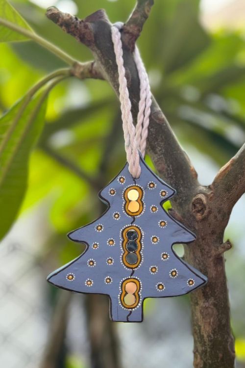 Antarang- Christmas Joy, Handcrafted: Terracotta Ornaments -  Blue (Set Of 4)