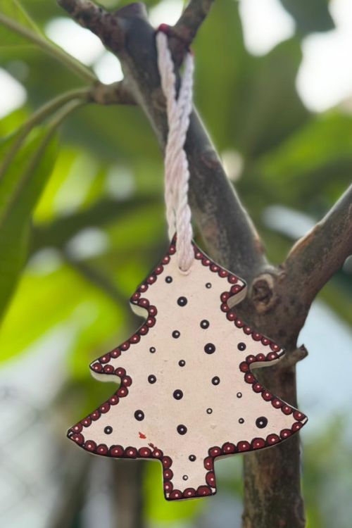 Antarang- Christmas Joy, Handcrafted: Terracotta Ornaments - White (Set Of 4)