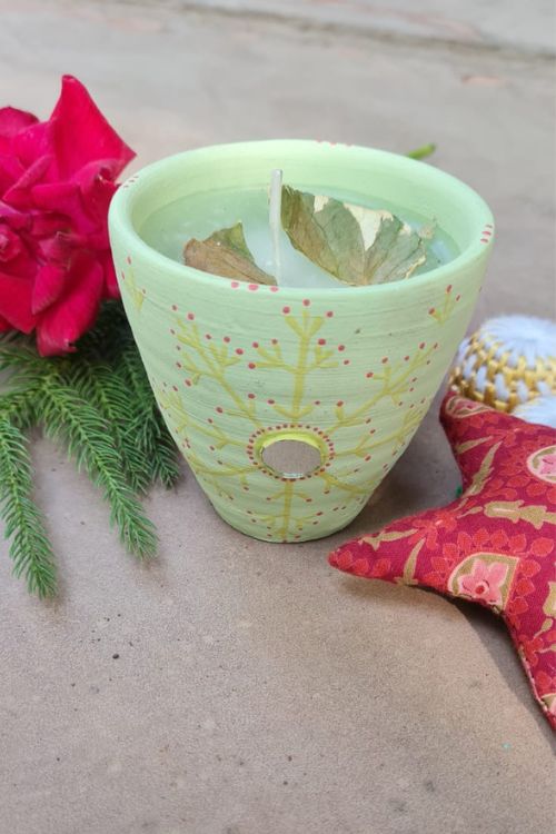Antarang - Terracotta- Handpainted-Light Green-Scented Candle