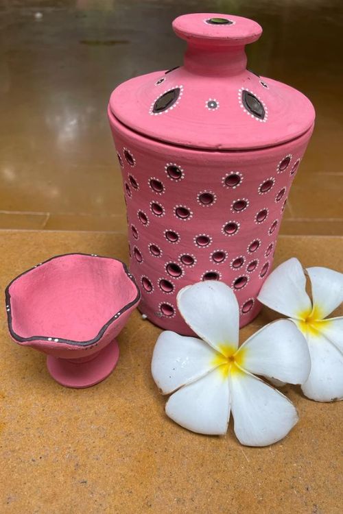 Antarang - Terracotta- Handpainted- Terracotta-Pink-Jar Diya