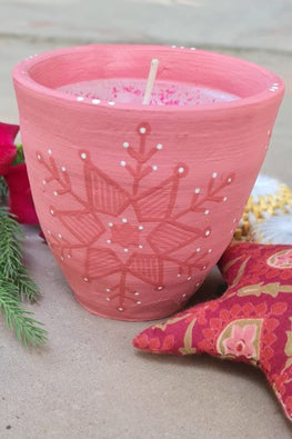 Antarang - Terracotta- Handpainted-Pink-Scented Candle