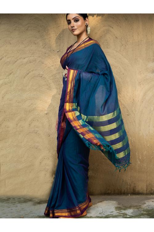 Traditional Elegance. Fine Ilkal Cotton Saree - Deep Blue & Purple