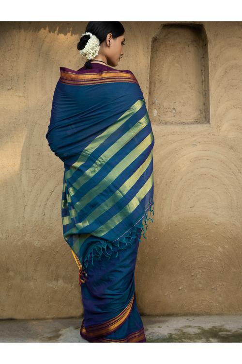 Traditional Elegance. Fine Ilkal Cotton Saree - Deep Blue & Purple