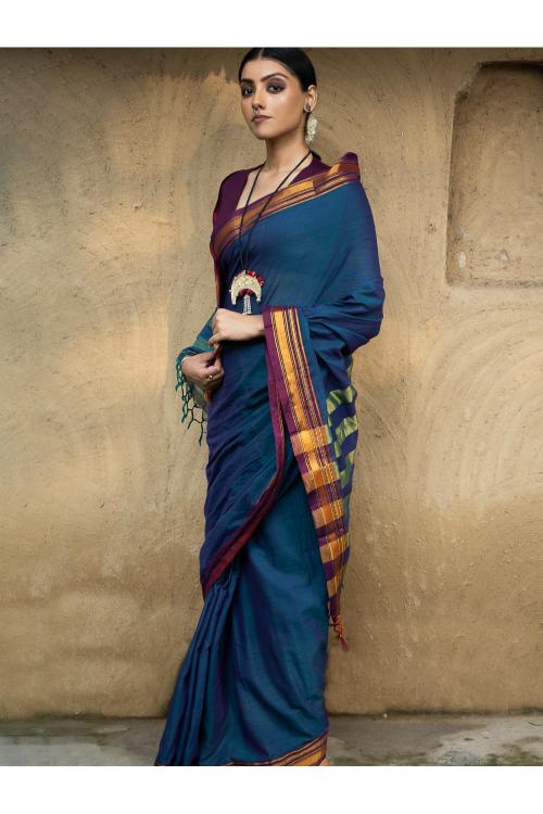 Traditional Elegance. Fine Ilkal Cotton Saree - Deep Blue & Purple