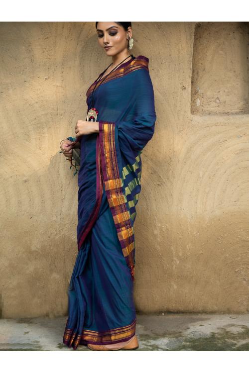 Traditional Elegance. Fine Ilkal Cotton Saree - Deep Blue & Purple