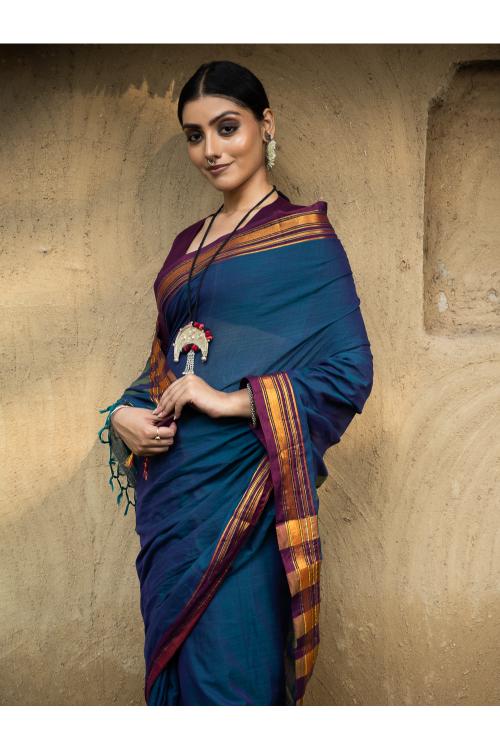 Traditional Elegance. Fine Ilkal Cotton Saree - Deep Blue & Purple