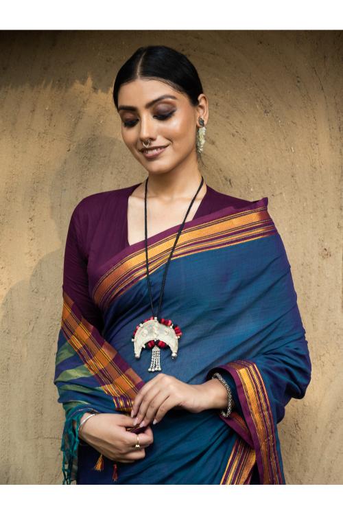 Traditional Elegance. Fine Ilkal Cotton Saree - Deep Blue & Purple